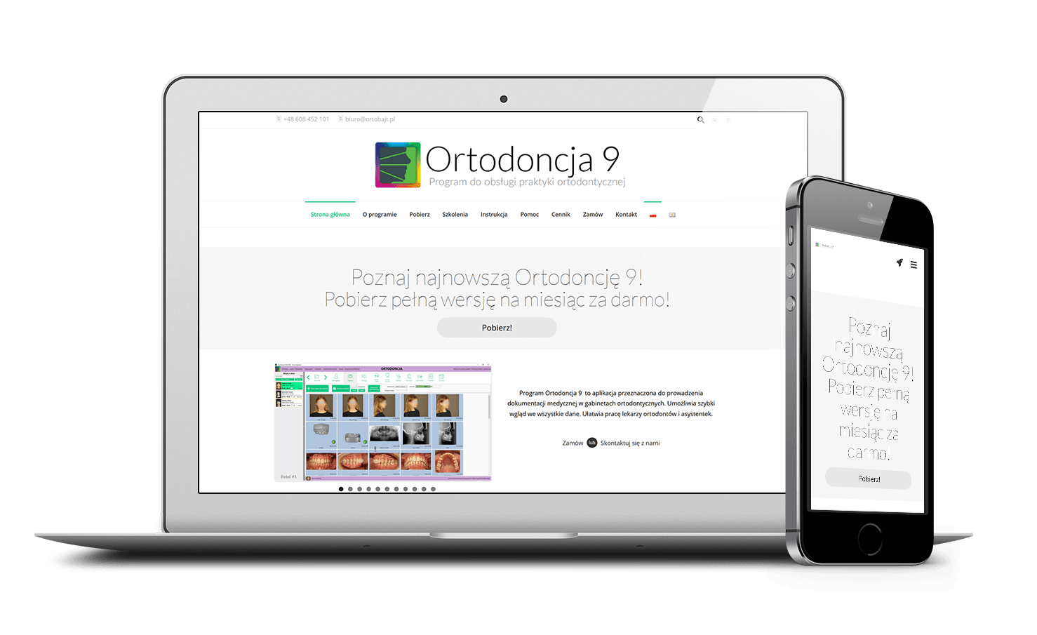 Laptop and smartphone standing next to it. There's app Ortodoncja open on it.